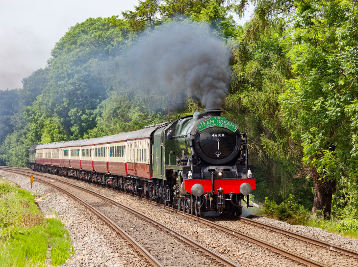 Things to do near London in April: a stream train in motion on a track, in front of a row of trees